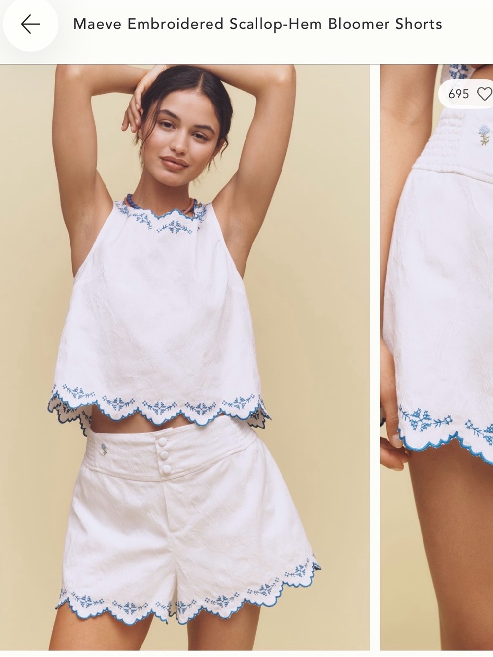 By Anthropologie White & Scallop-Hem Shorts with Blue Embroidery